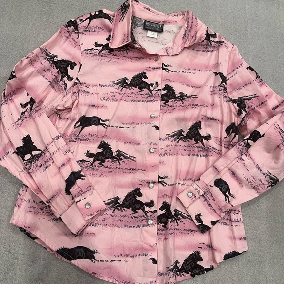 [L]VTG Roughrider by Circle T Pink Horse Print Button LS Shirt - Picture 1 of 7